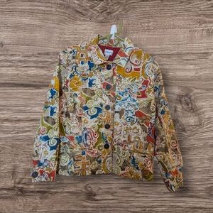 Chico's Art to Wear Abstract Floral Jacket Size 3  XL 16 Button Front